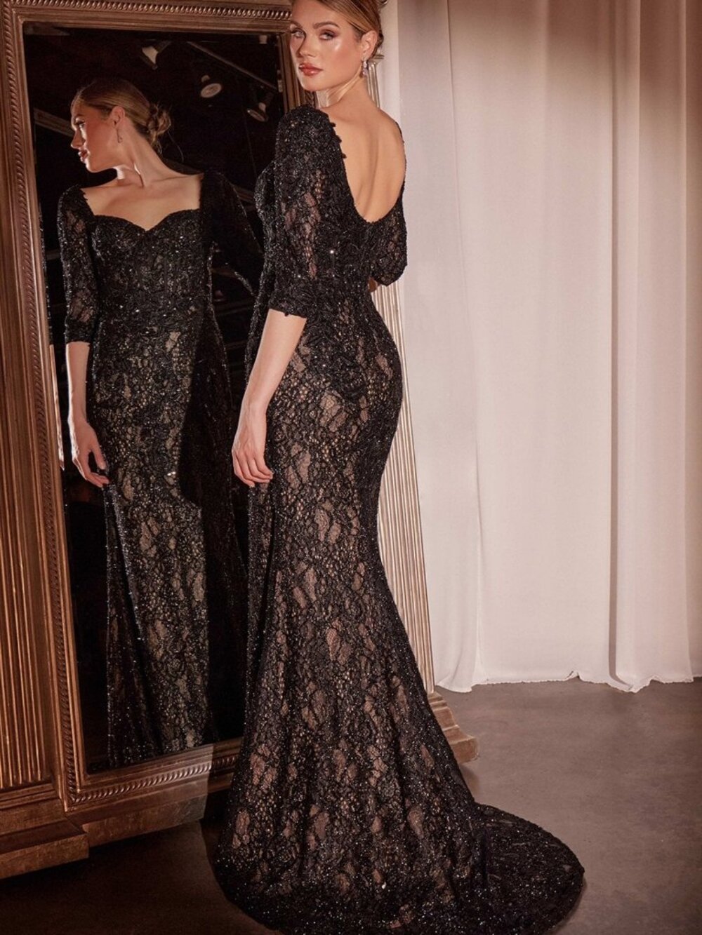 New Formal Mermaid Long Tulle Gown w/ 3/4 Sleeves & Sweetheart Neckline CD749